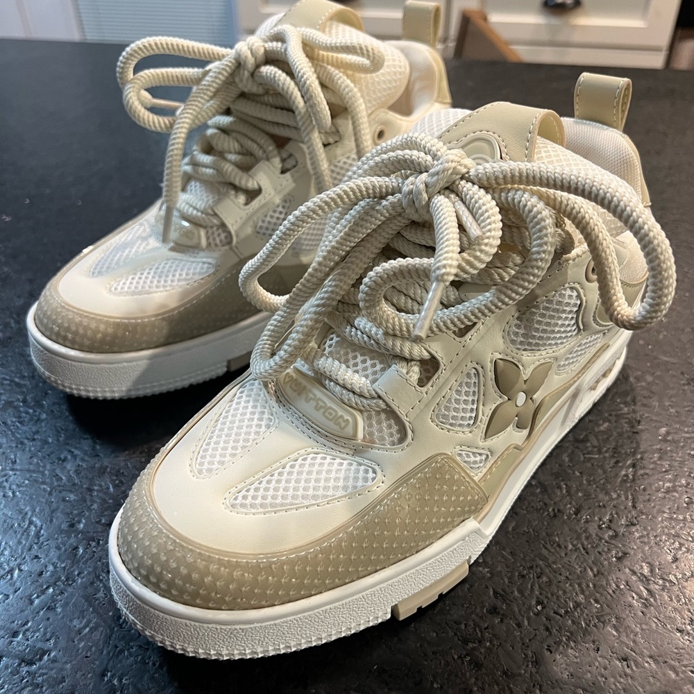 Beige and White Sneakers with Floral Detail
